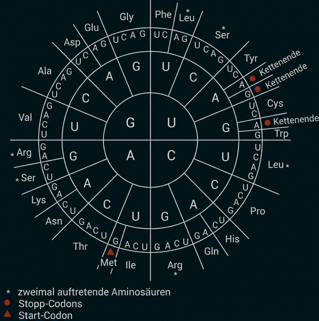 Codon-Rad: RNA-Basenkreuzung und zugeordnete Aminosäuren, Start- und Stop-Codons markiert.